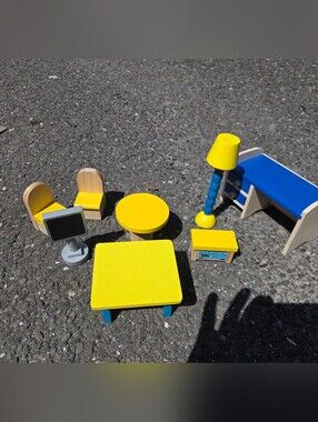 Hand Crafted Yellow & Blue Wooden Dollhouse Furniture Set